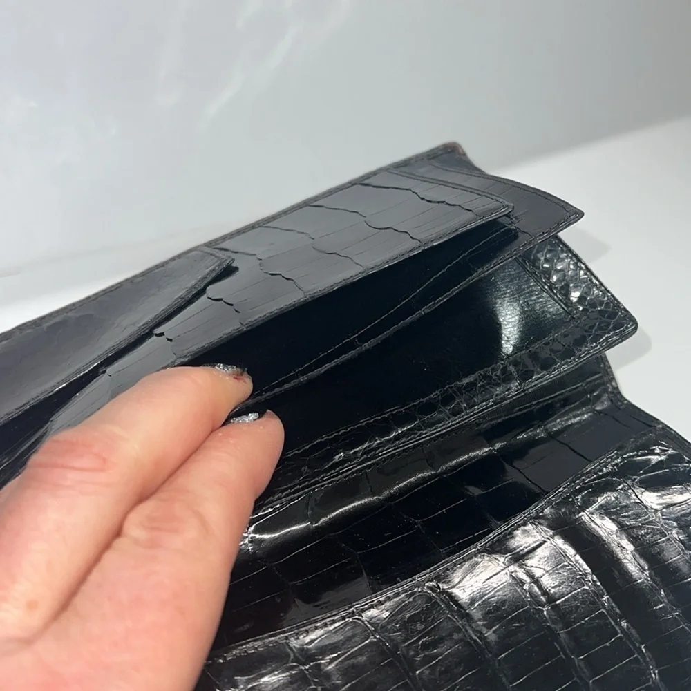 Acare Black Crocodile Patent Long Bifold Checkbook Cover Wallet - Argentina